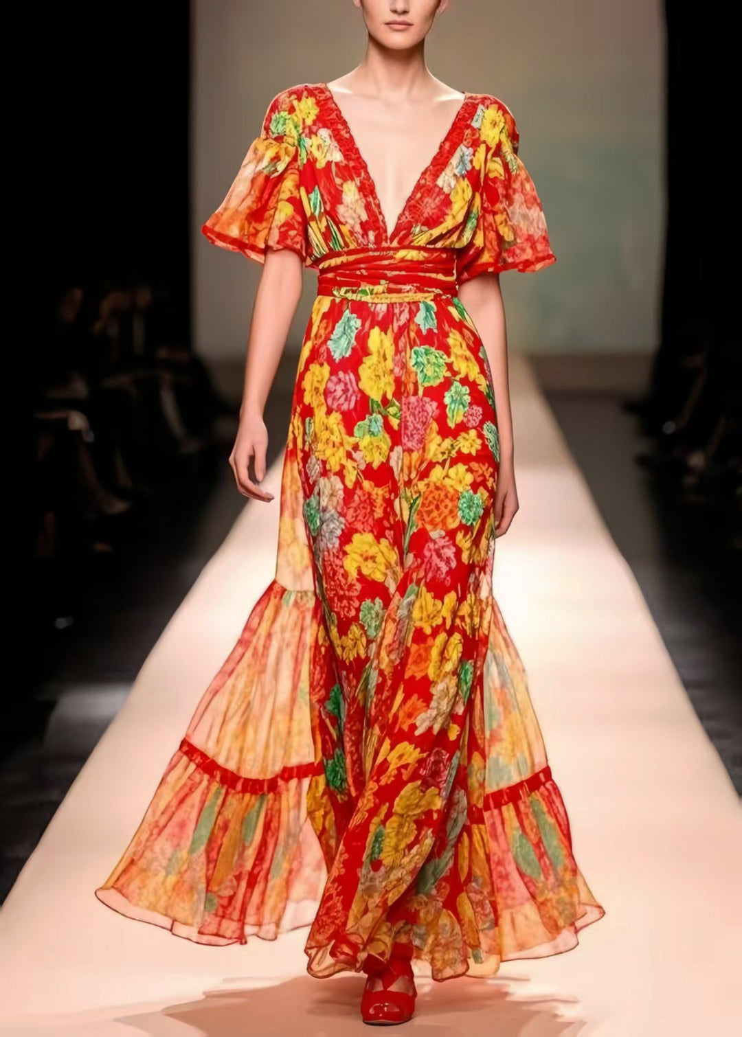 Modern Red V Neck Print Chiffon Party Dress Summer