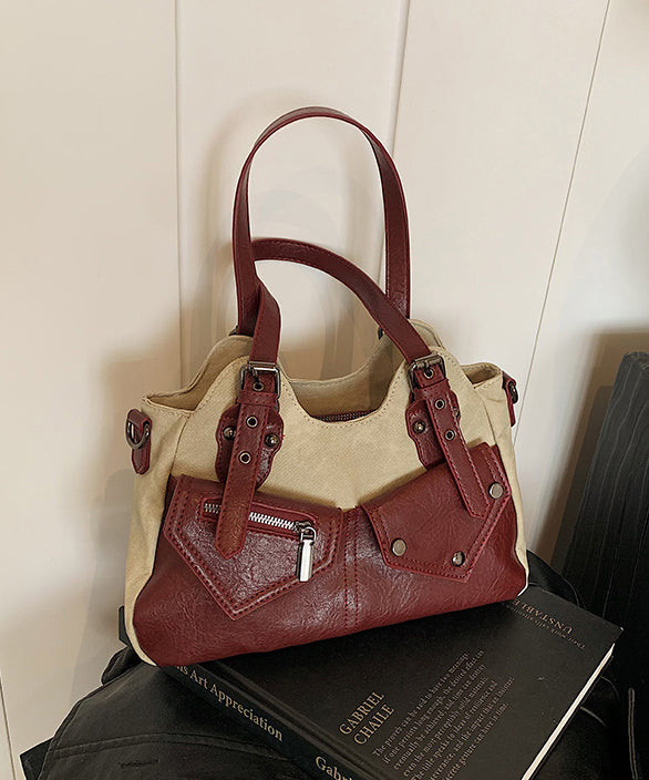 Modern Rivet Patchwork Pockets Faux Leather Satchel Handbag