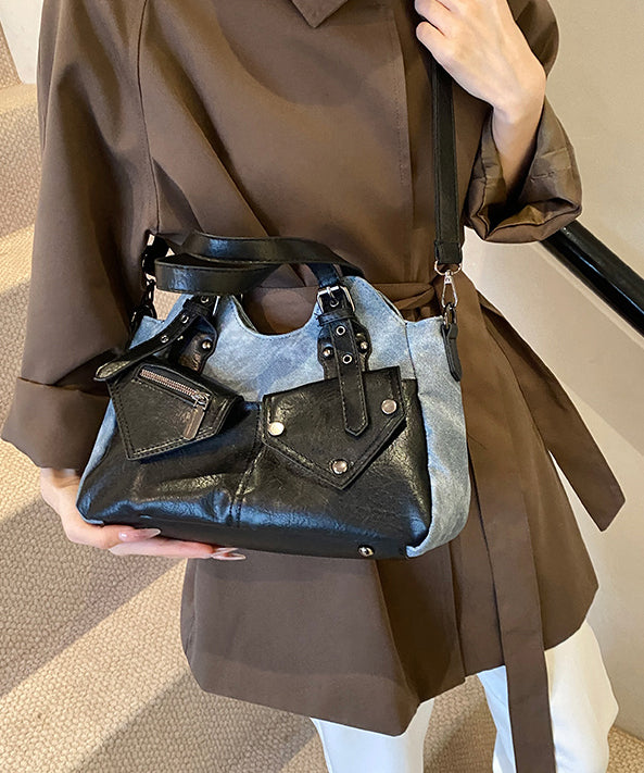Modern Rivet Patchwork Pockets Faux Leather Satchel Handbag