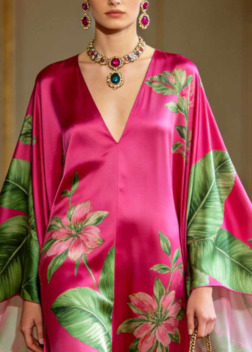 Modern Rose Print Low High Design Silk Long Dresses Batwing Sleeve