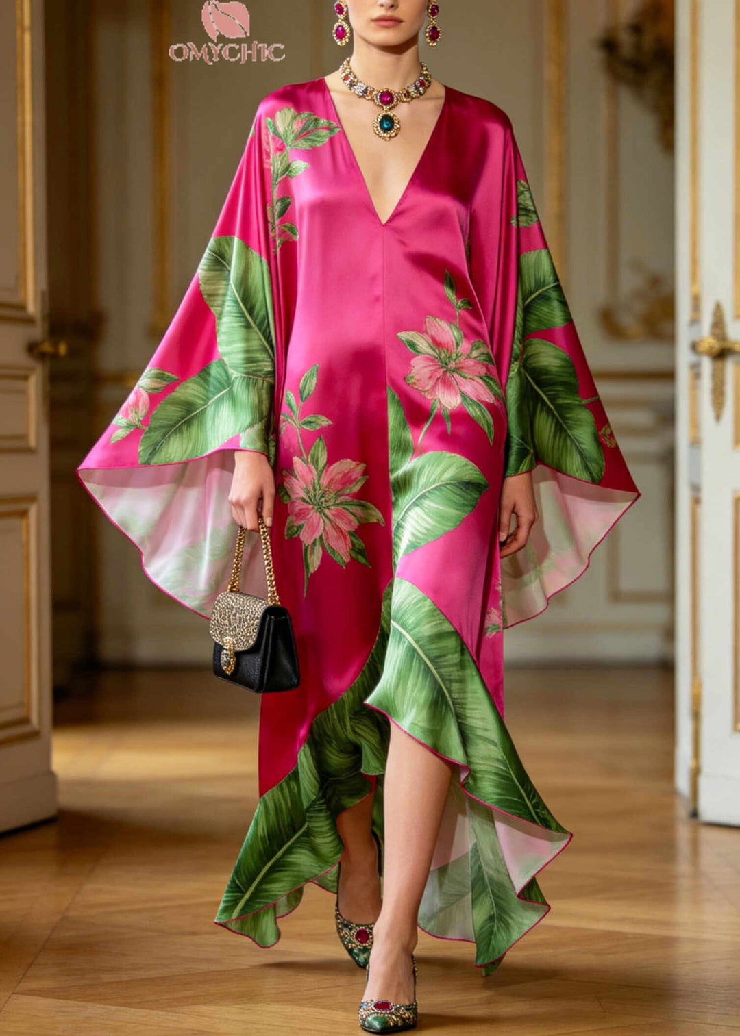 Modern Rose Print Low High Design Silk Long Dresses Batwing Sleeve