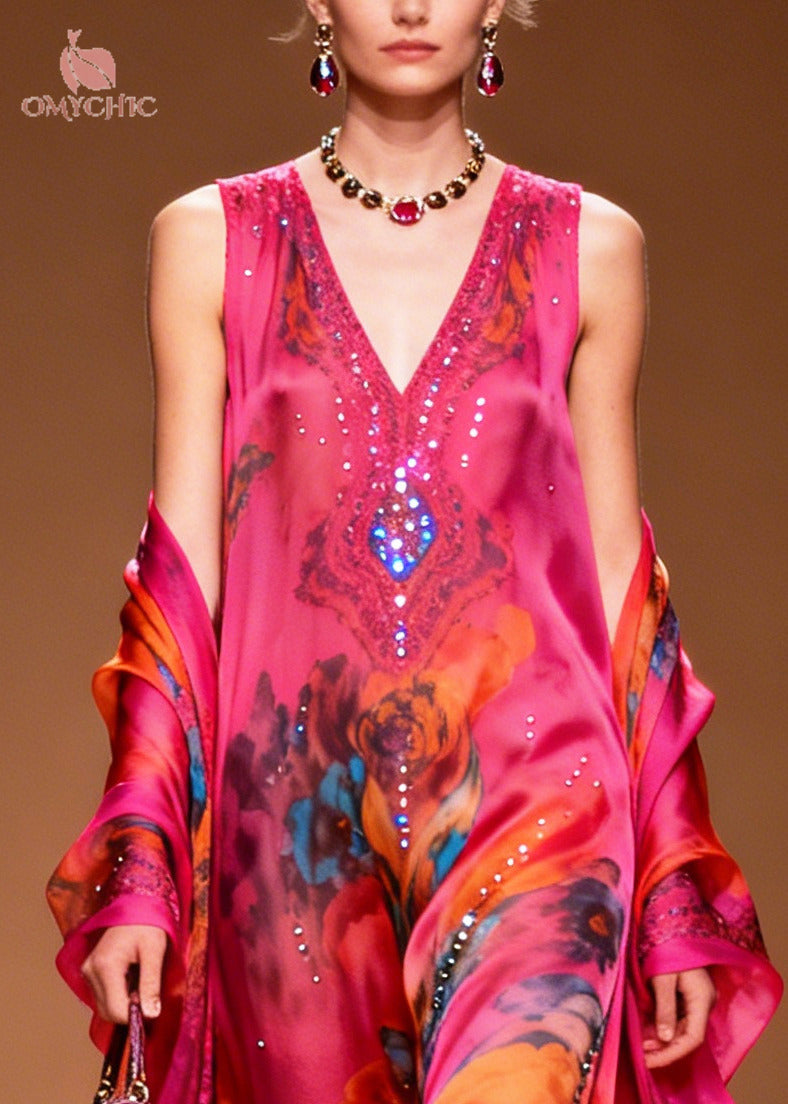 Modern Rose Print Rhinestone Sparkly Chiffon Party Dress Summer