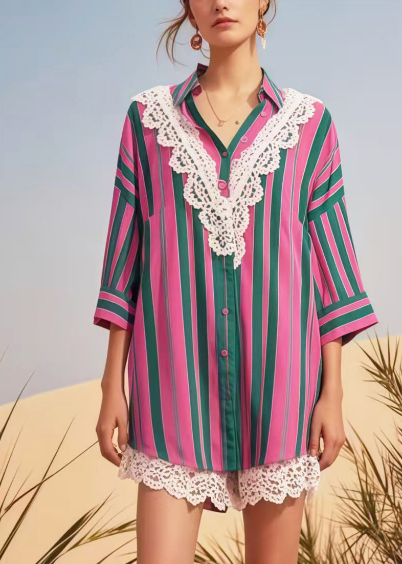 Modern Rose Striped Patchwork Lace Top Bracelet Sleeve