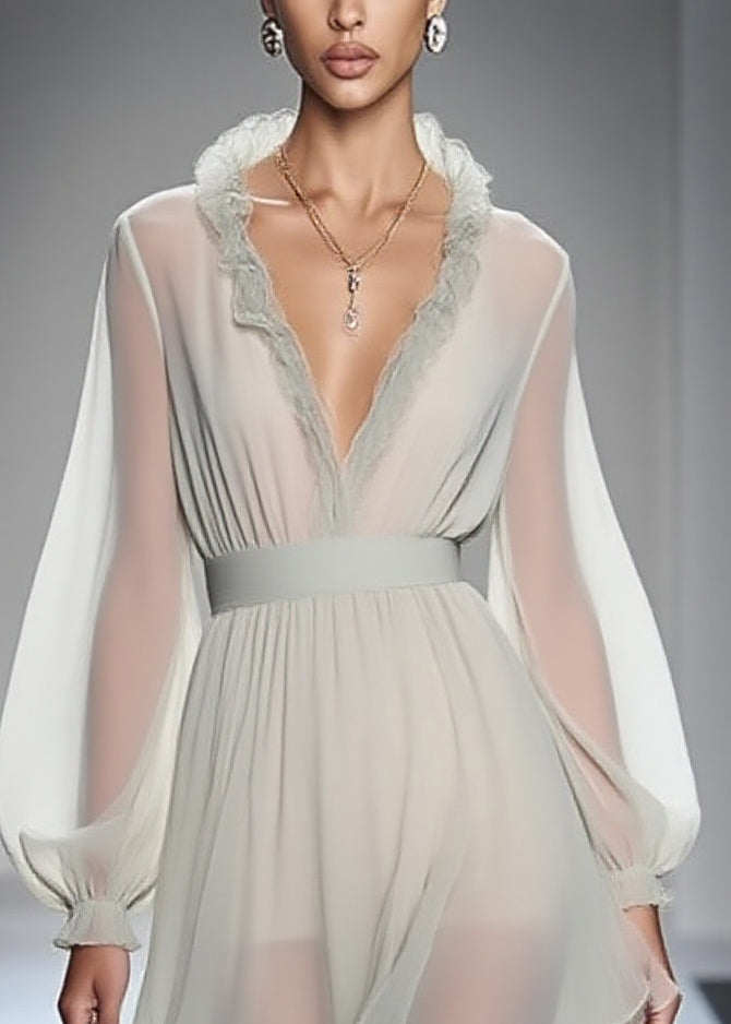 Modern Ruffled Patchwork Solid Chiffon Mid Dress Lantern Sleeve - Omychic