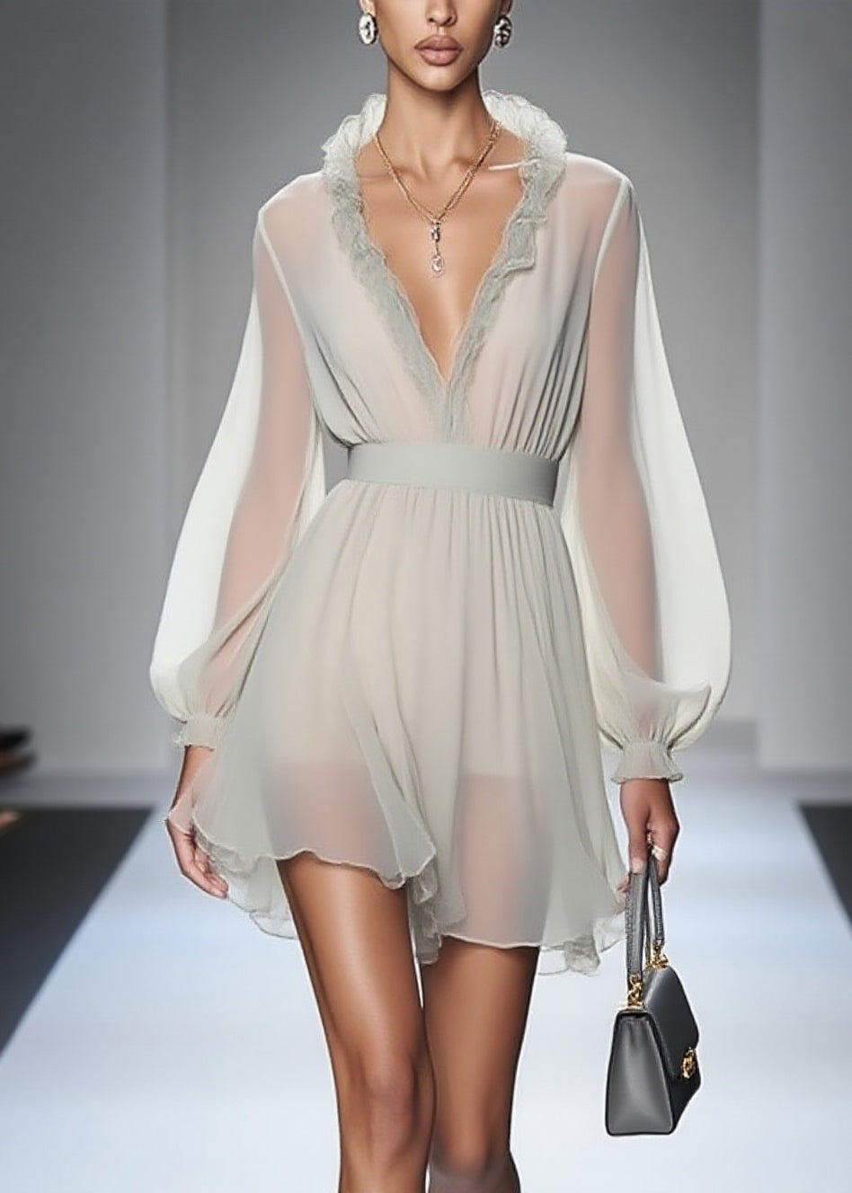 Modern Ruffled Patchwork Solid Chiffon Mid Dress Lantern Sleeve - Omychic