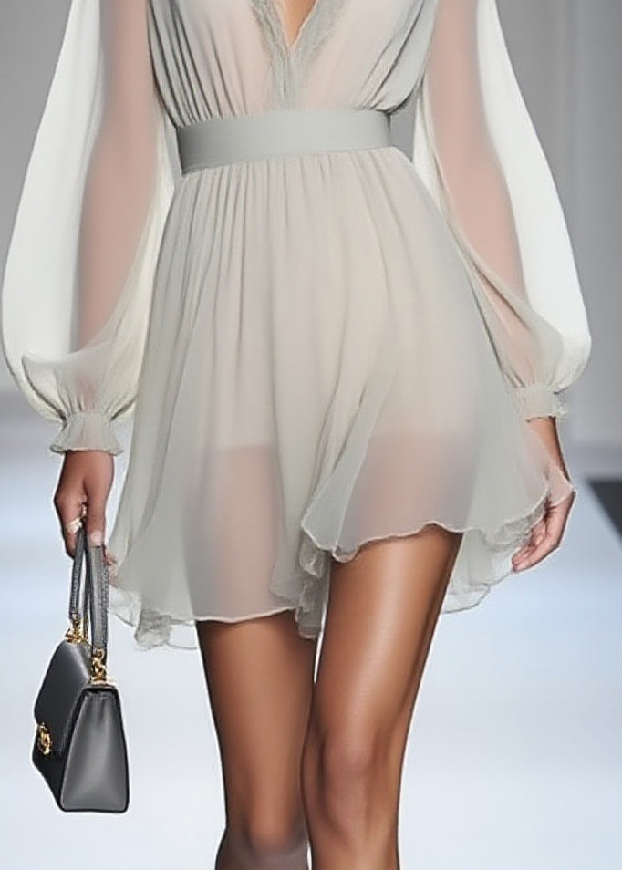 Modern Ruffled Patchwork Solid Chiffon Mid Dress Lantern Sleeve - Omychic