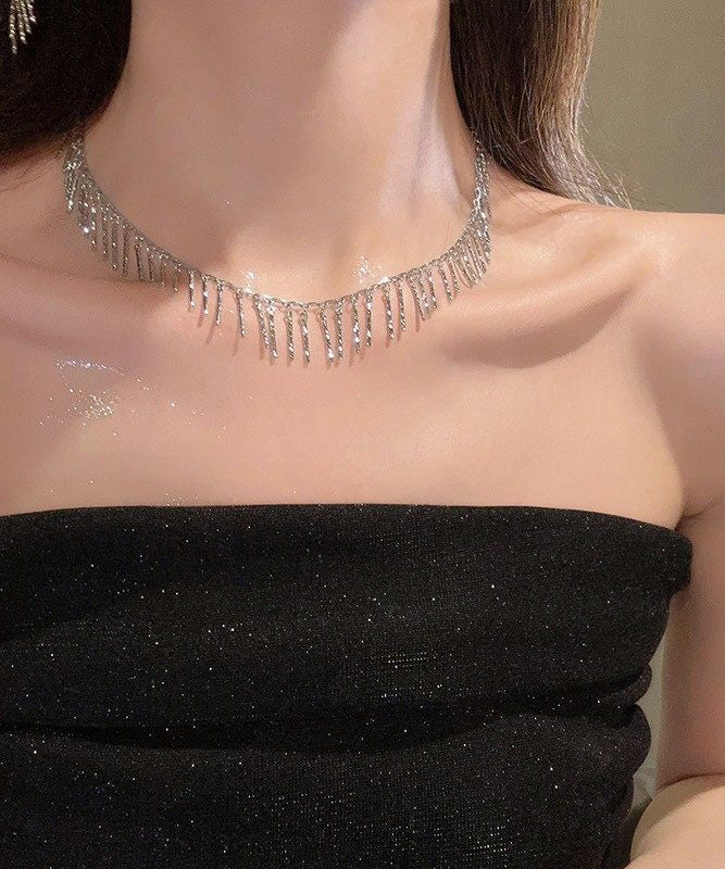Modern Silk Metal Zircon Tassel Lariat Necklace