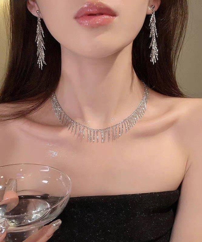 Modern Silk Metal Zircon Tassel Lariat Necklace