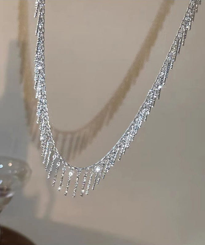 Modern Silk Metal Zircon Tassel Lariat Necklace