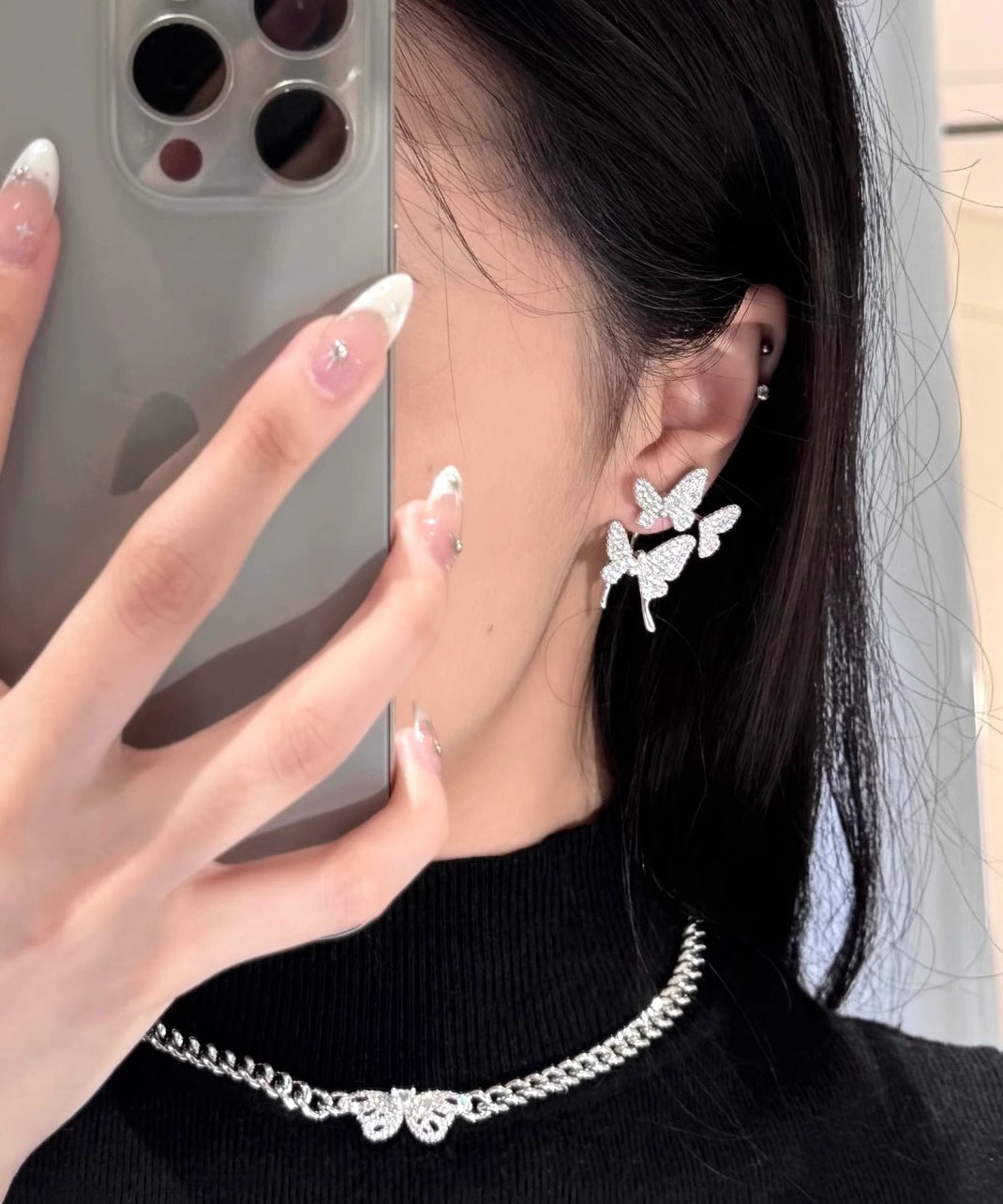 Modern Silk Sterling Silver Zircon Butterfly Stud Earrings