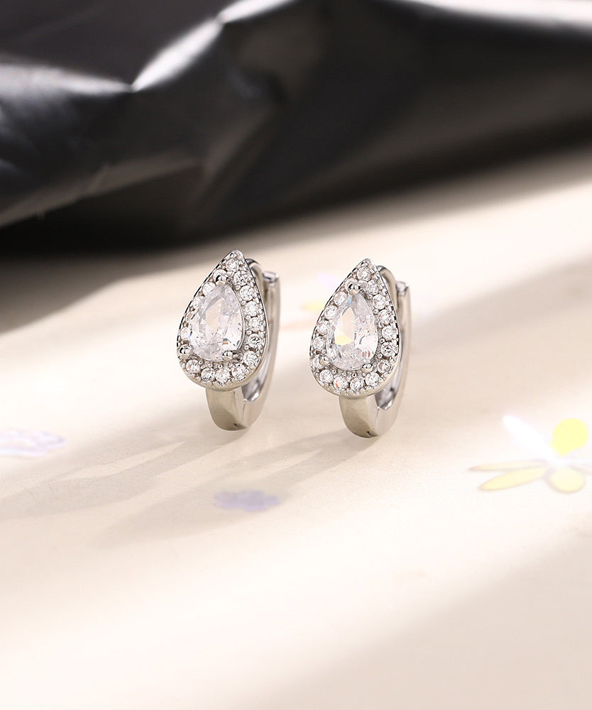 Modern Silk Sterling Silver Zircon Water Drop Hoop Earrings