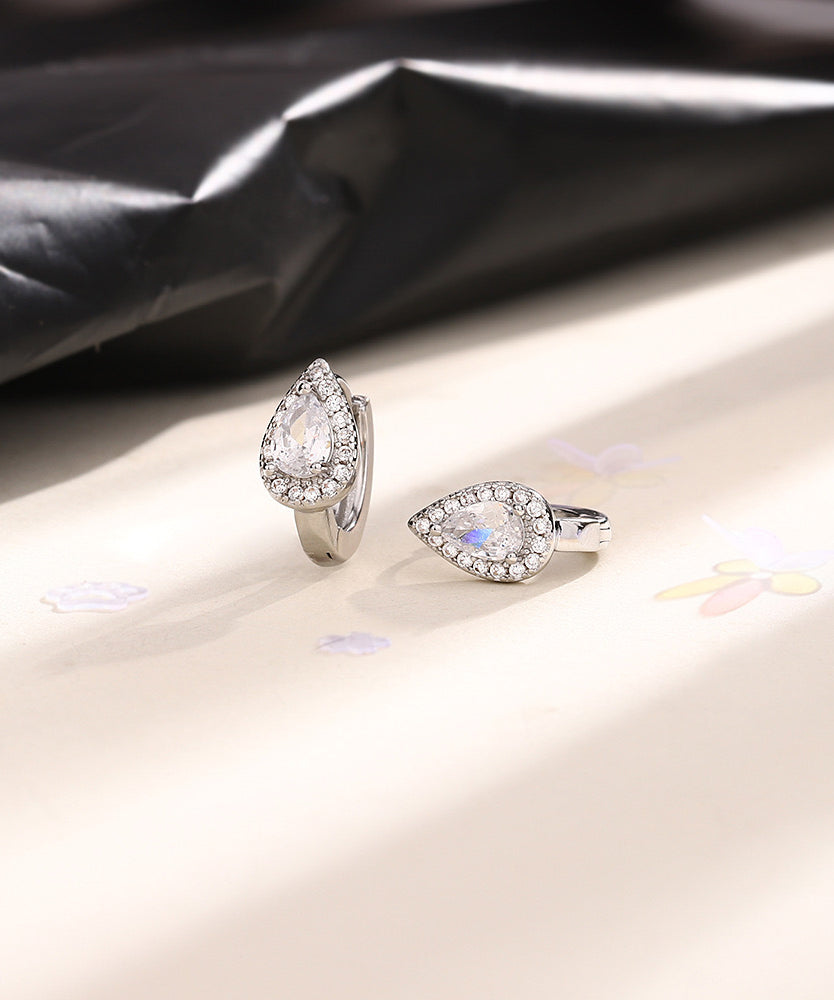 Modern Silk Sterling Silver Zircon Water Drop Hoop Earrings