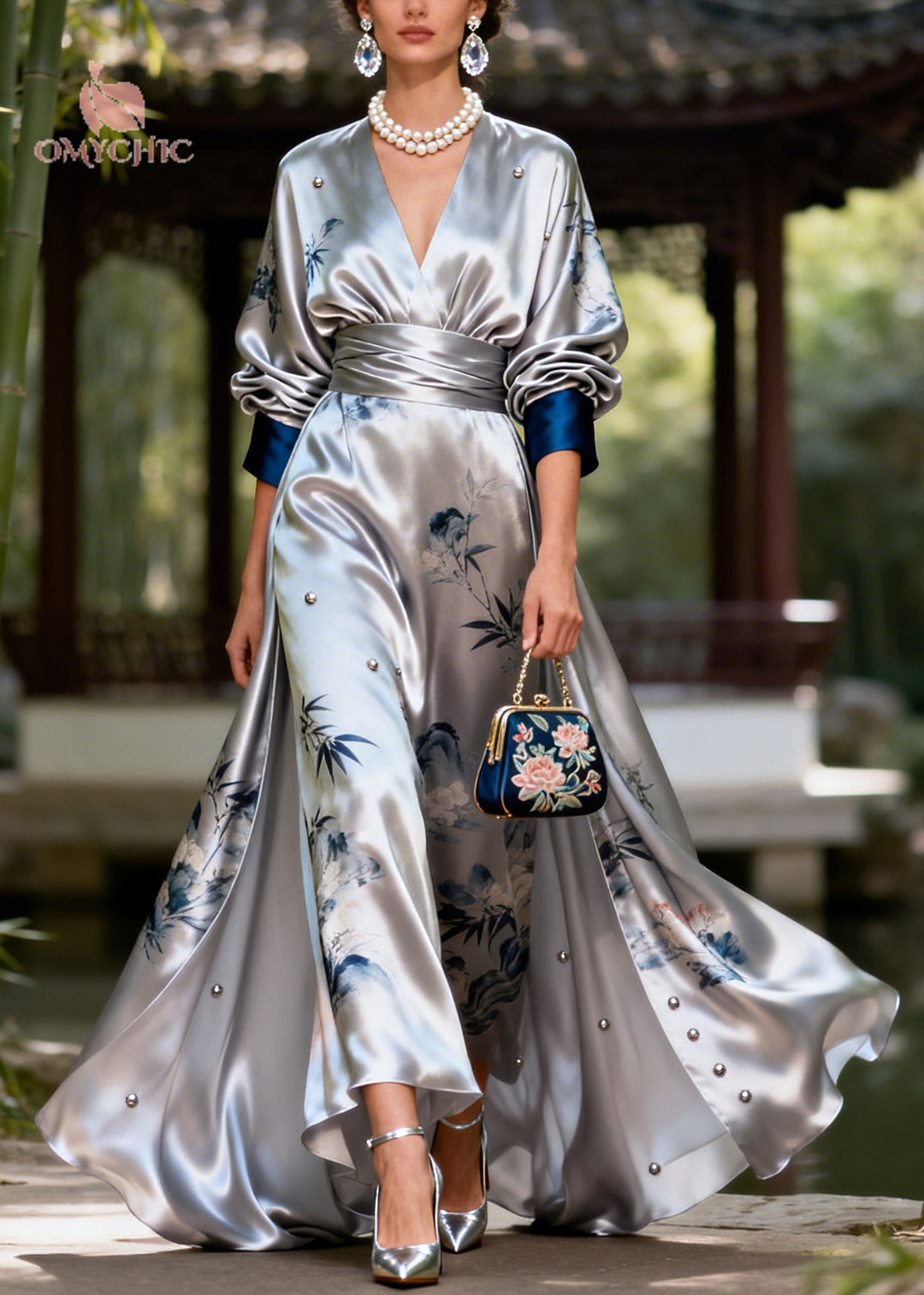 Modern Silvery Print Exra Large Hem Nail Bead Silk Party Dress Fall