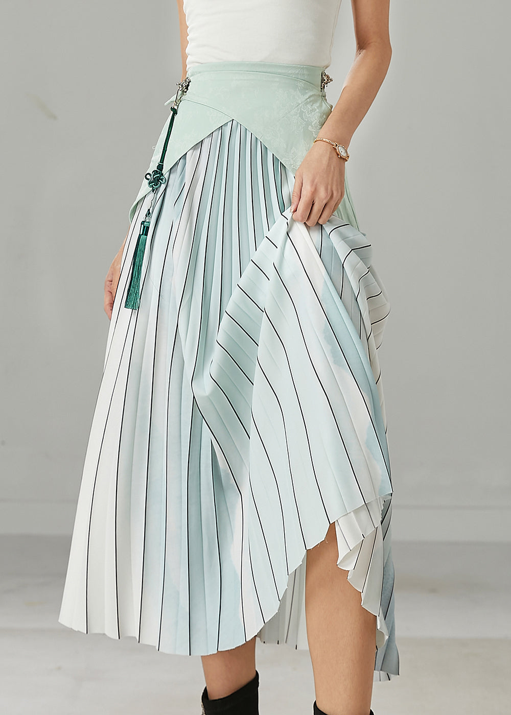 Modern Sky Blue Striped Patchwork Silk Pleated Skirts Spring
