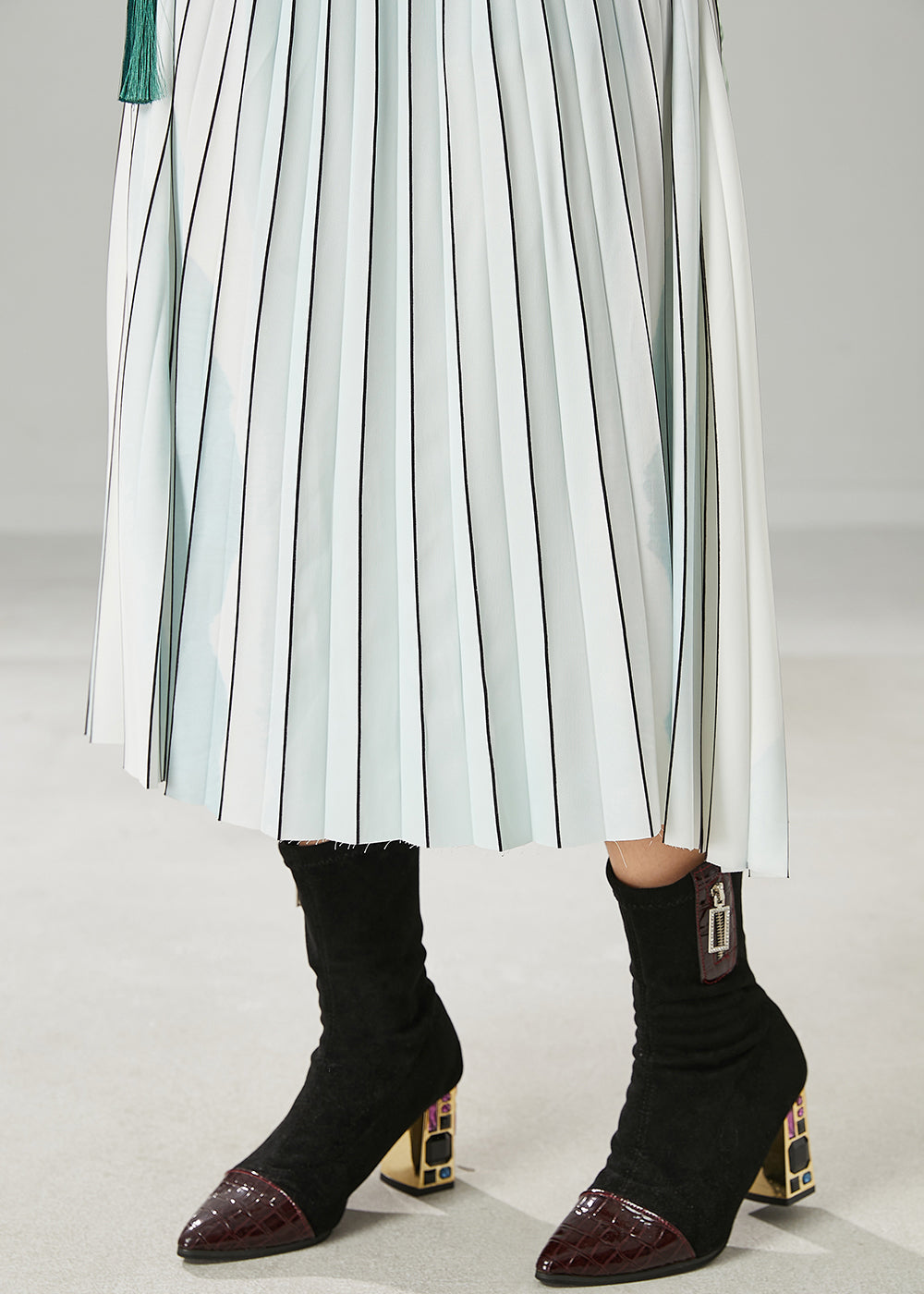 Modern Sky Blue Striped Patchwork Silk Pleated Skirts Spring