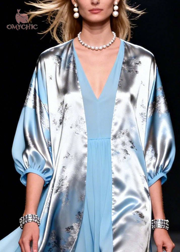 Modern Sky Blue V Neck Patchwork Chiffon Fake Two Piece Dress Summer