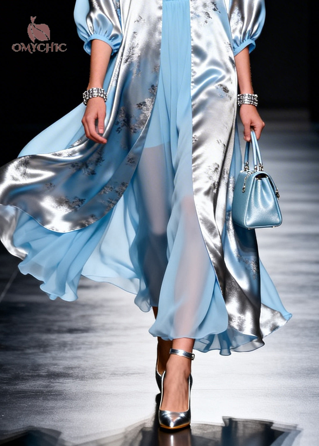 Modern Sky Blue V Neck Patchwork Chiffon Fake Two Piece Dress Summer