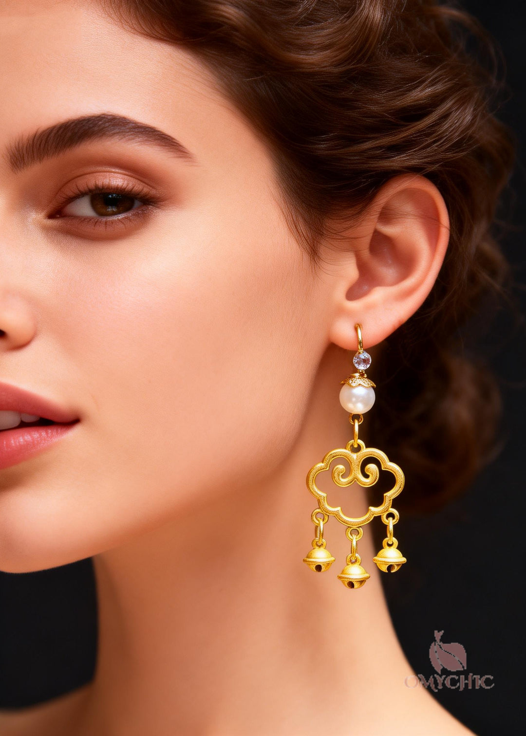 Modern Small Bell Auspicious Clouds 14K Gold Pearl Drop Earrings