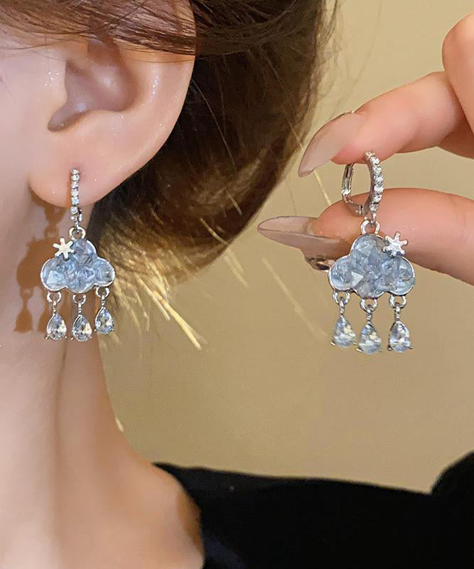 Modern Stylish Blue Sterling Silver Zircon Cloud Tassel Drop Earrings