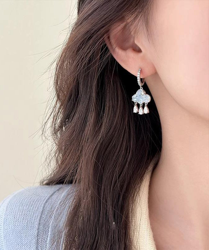 Modern Stylish Blue Sterling Silver Zircon Cloud Tassel Drop Earrings