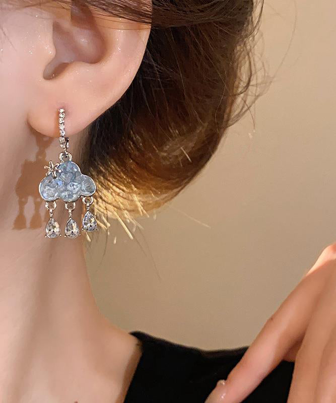 Modern Stylish Blue Sterling Silver Zircon Cloud Tassel Drop Earrings