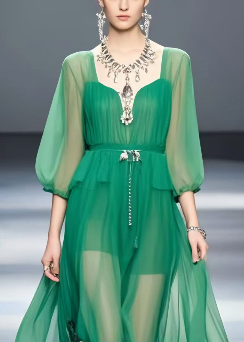 Modern Tea Green Print Chiffon Long Dress Bracelet Sleeve
