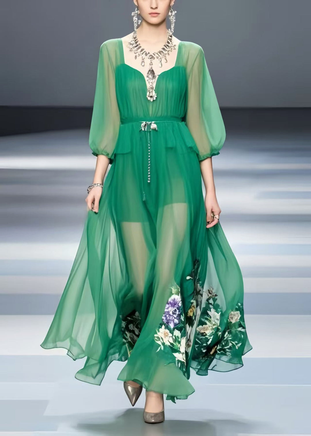 Modern Tea Green Print Chiffon Long Dress Bracelet Sleeve