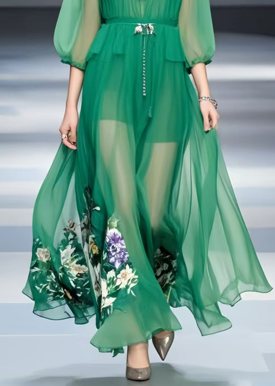 Modern Tea Green Print Chiffon Long Dress Bracelet Sleeve