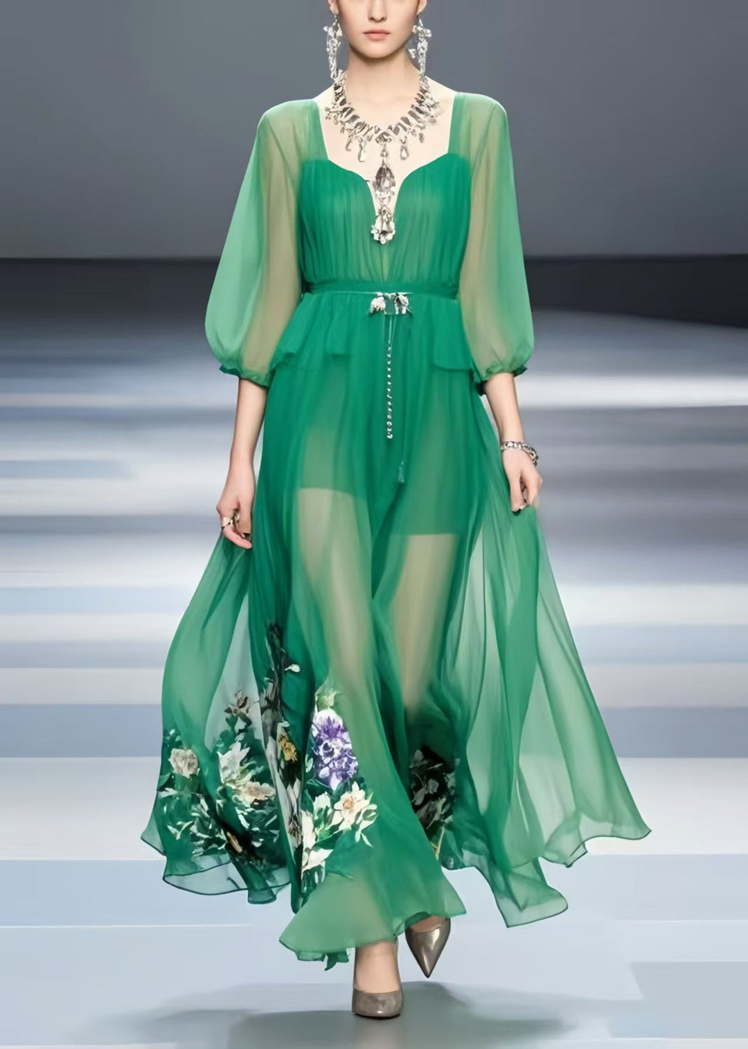 Modern Tea Green Print Chiffon Long Dress Bracelet Sleeve
