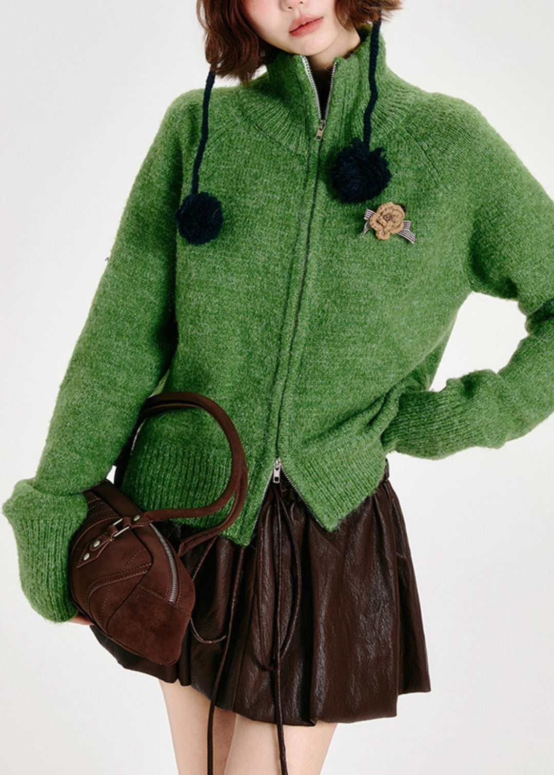 Modern Tea Green Zip Up Floral Knit Cardigans Winter