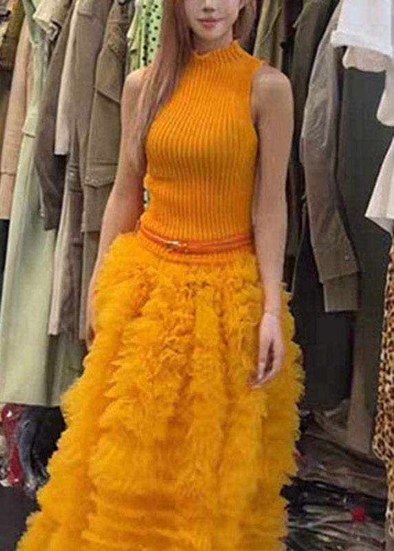 Modern Turtleneck Knit Top And Tulle A Line Skirts Two Pieces Set Summer