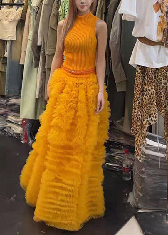 Modern Turtleneck Knit Top And Tulle A Line Skirts Two Pieces Set Summer