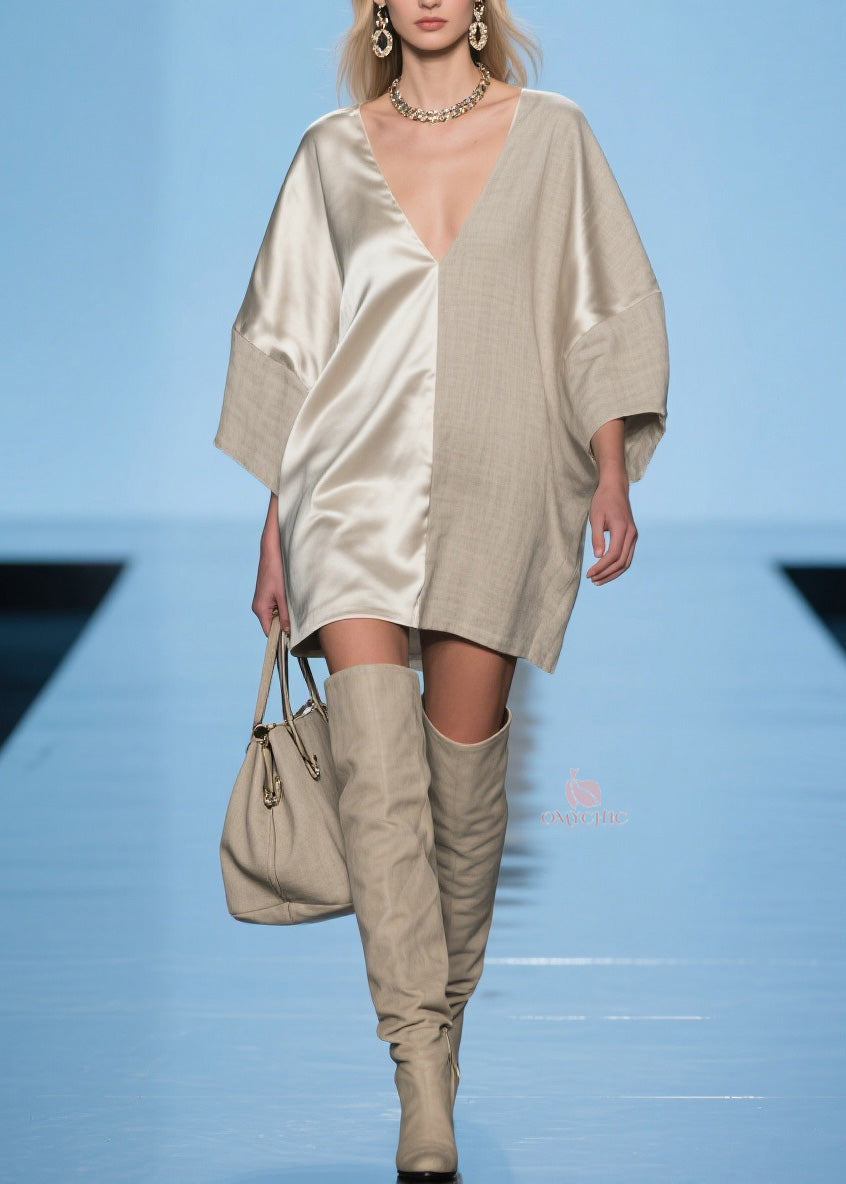 Modern V Neck Patchwork Linen Silk Mid Dress Spring