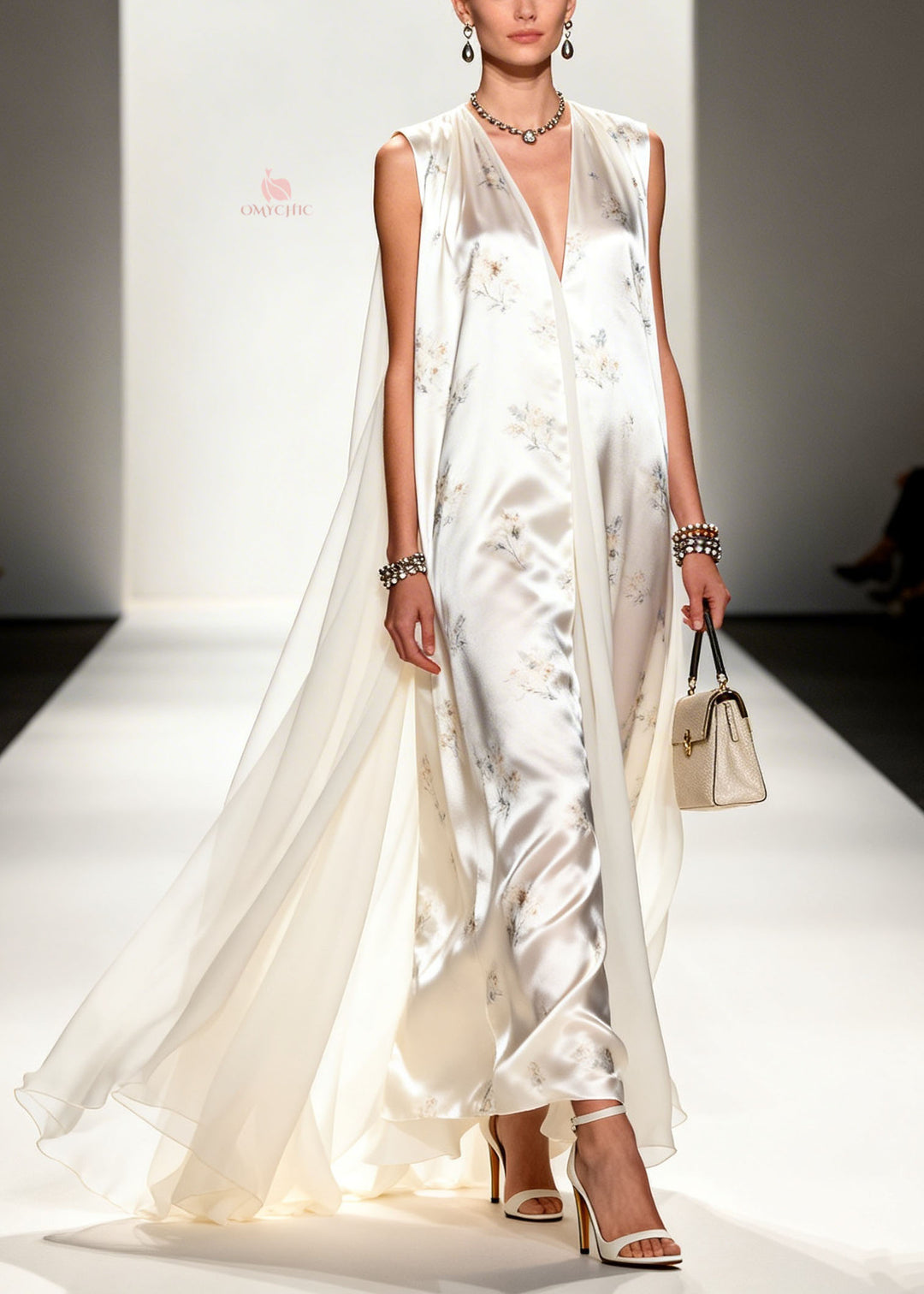 Modern V Neck Print Patchwork Silk Long Dresses Sleeveless