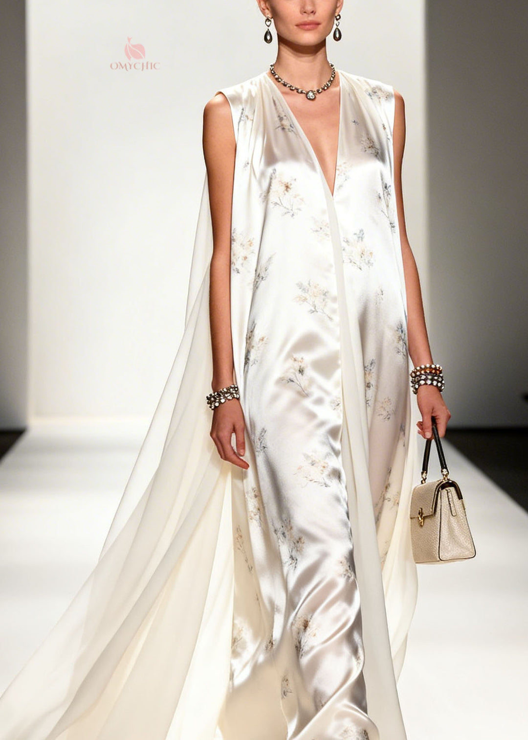 Modern V Neck Print Patchwork Silk Long Dresses Sleeveless