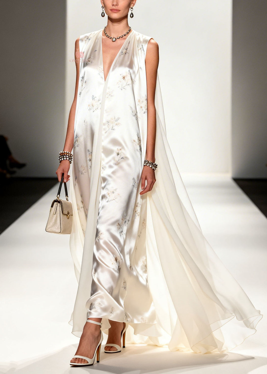 Modern V Neck Print Patchwork Silk Long Dresses Sleeveless