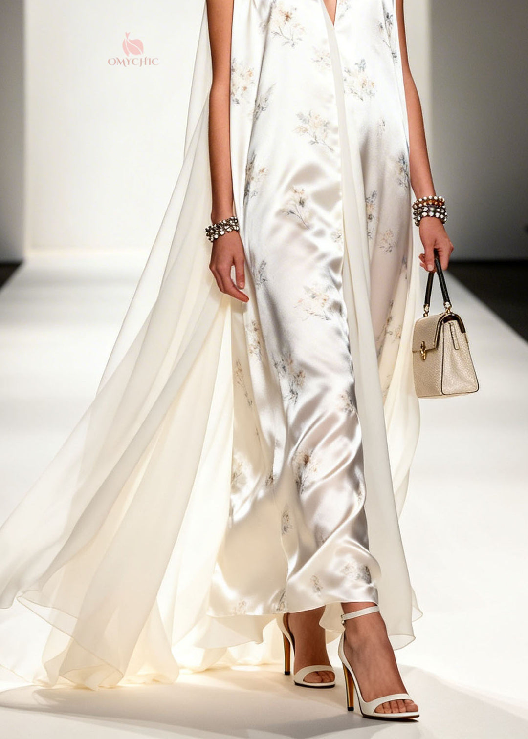 Modern V Neck Print Patchwork Silk Long Dresses Sleeveless