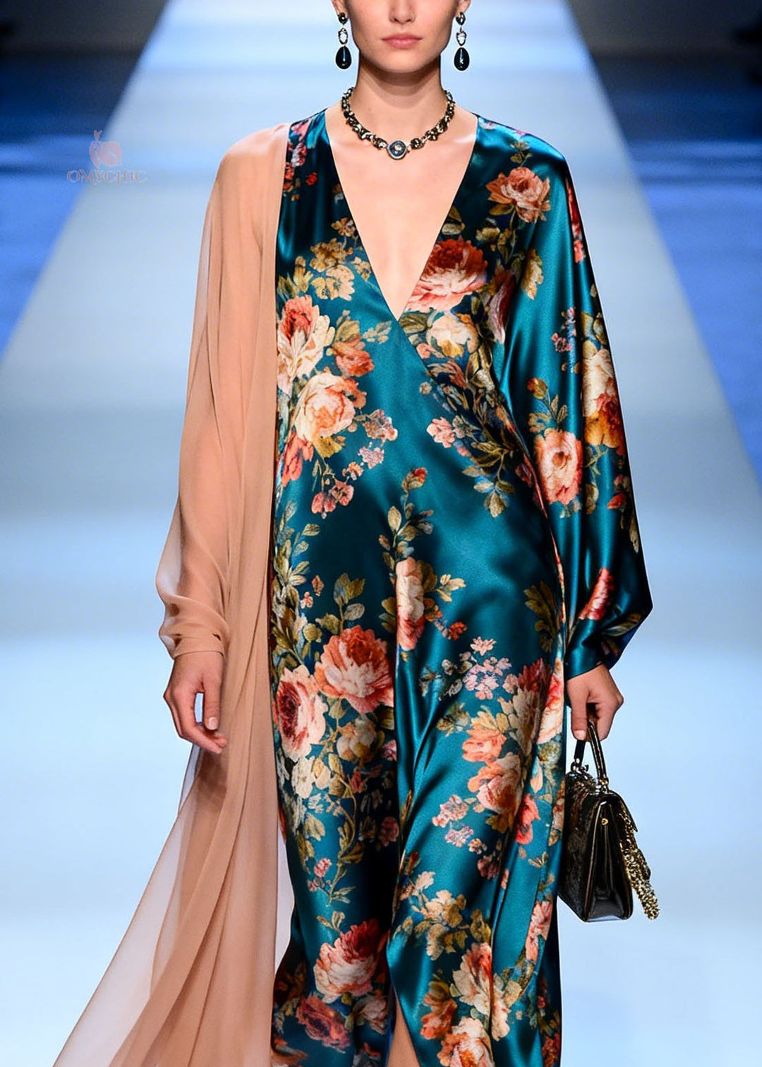 Modern V Neck Print Patchwork Silk Maxi Dresses Spring