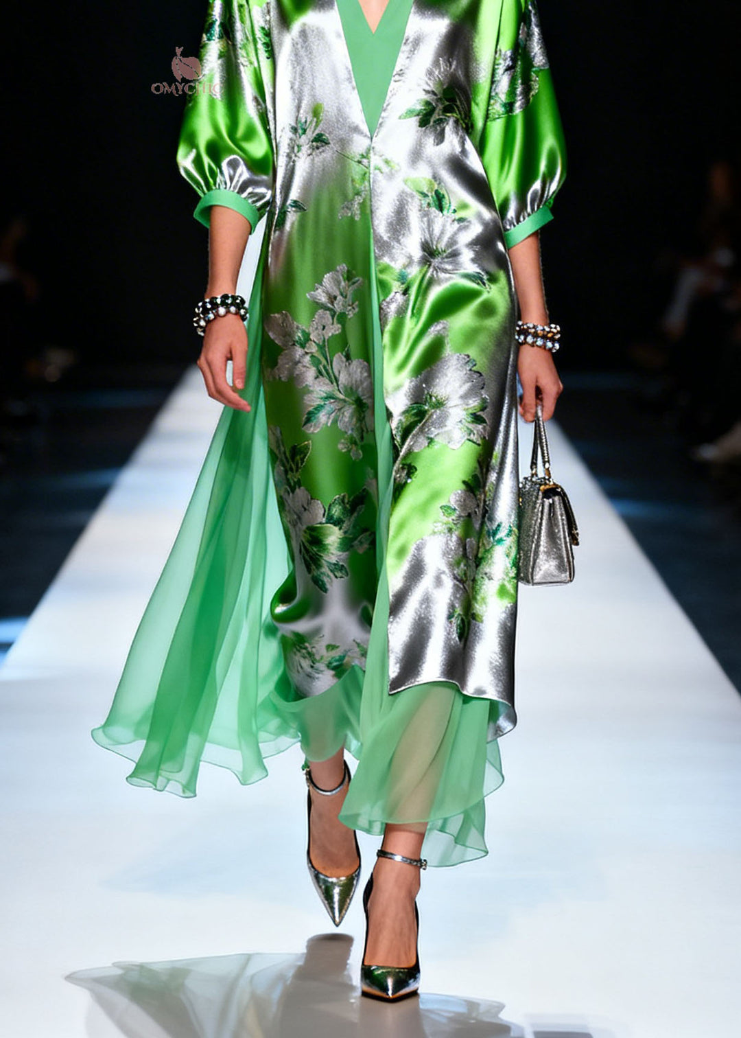 Modern V Neck Print Patchwork Silk Maxi Dresses Summer