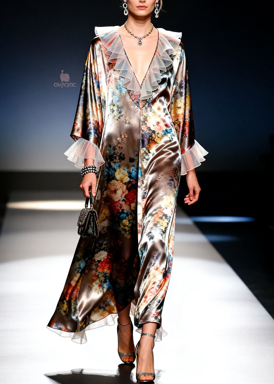Modern V Neck Print Ruffled Patchwork Silk Dresses Spring