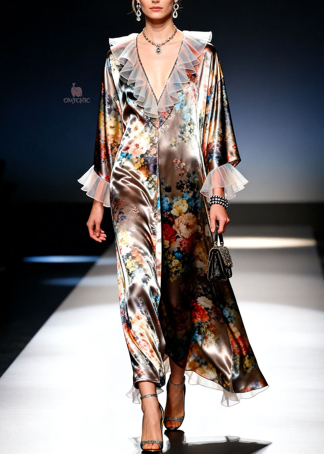 Modern V Neck Print Ruffled Patchwork Silk Dresses Spring