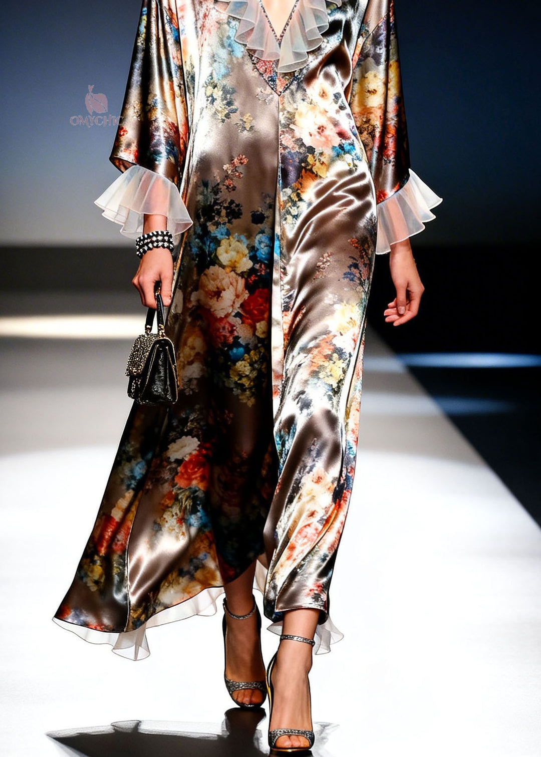 Modern V Neck Print Ruffled Patchwork Silk Dresses Spring
