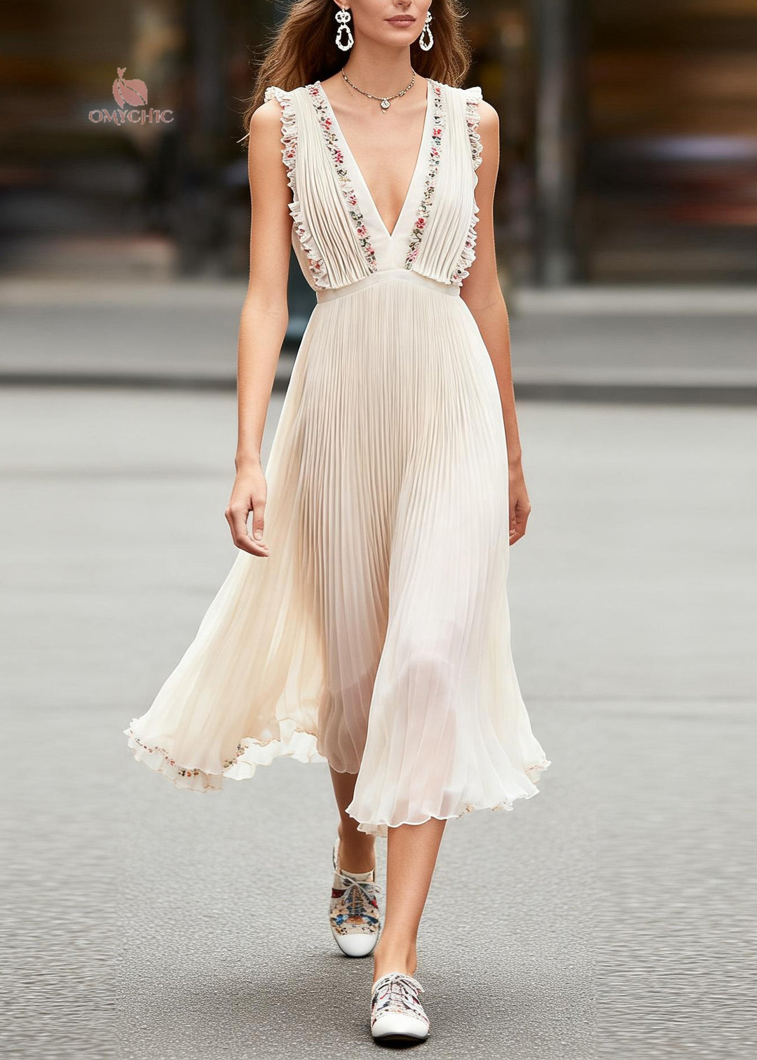 Modern V Neck Ruffled Floral Chiffon Long Dresses Sleeveless