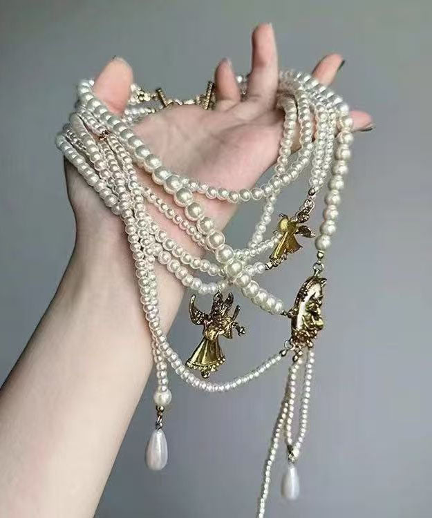 Modern White Alloy Layered Pearl Water Droplet Tassel Gratuated Bead Necklace