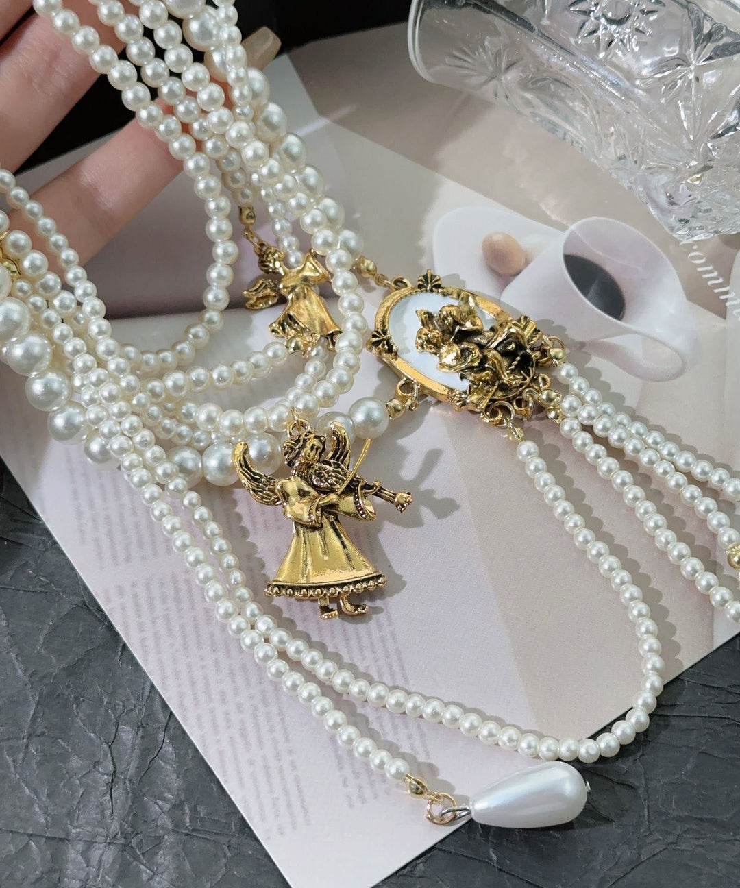Modern White Alloy Layered Pearl Water Droplet Tassel Gratuated Bead Necklace