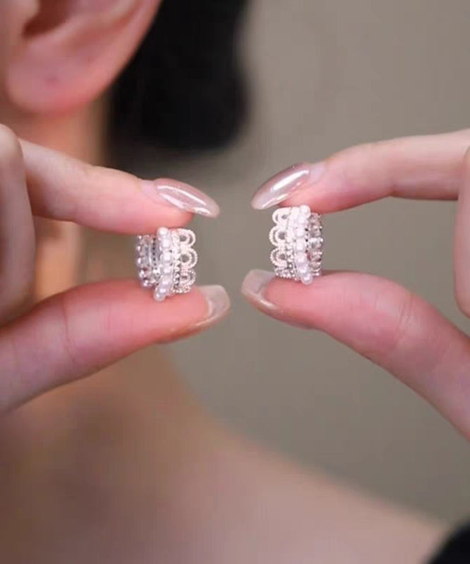 Modern White Alloy Woven Pearl Lace Hoop Earrings