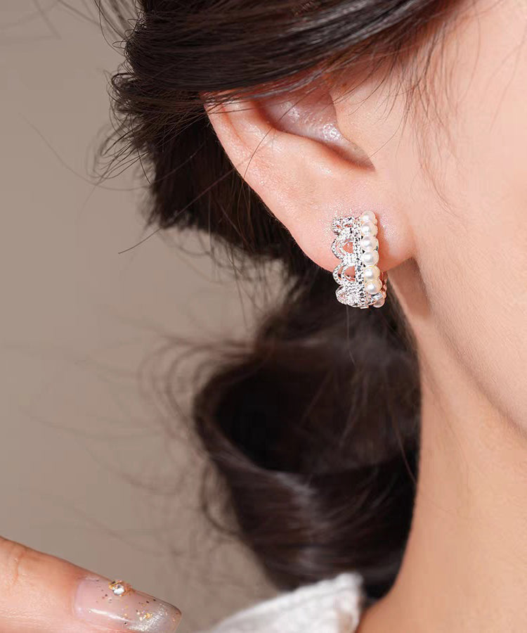 Modern White Alloy Woven Pearl Lace Hoop Earrings
