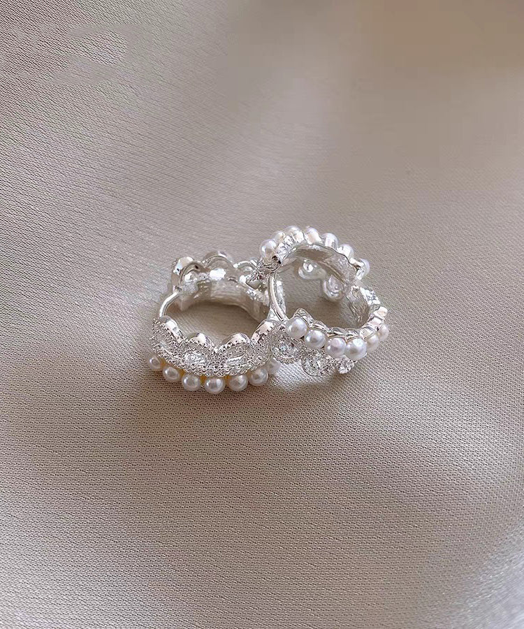 Modern White Alloy Woven Pearl Lace Hoop Earrings