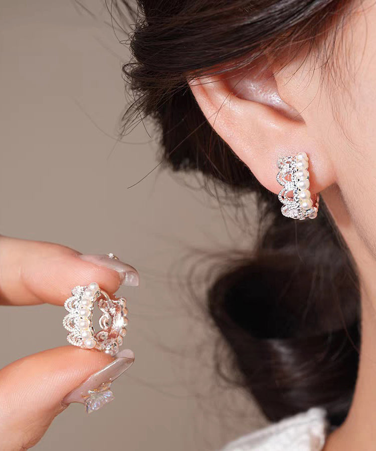 Modern White Alloy Woven Pearl Lace Hoop Earrings