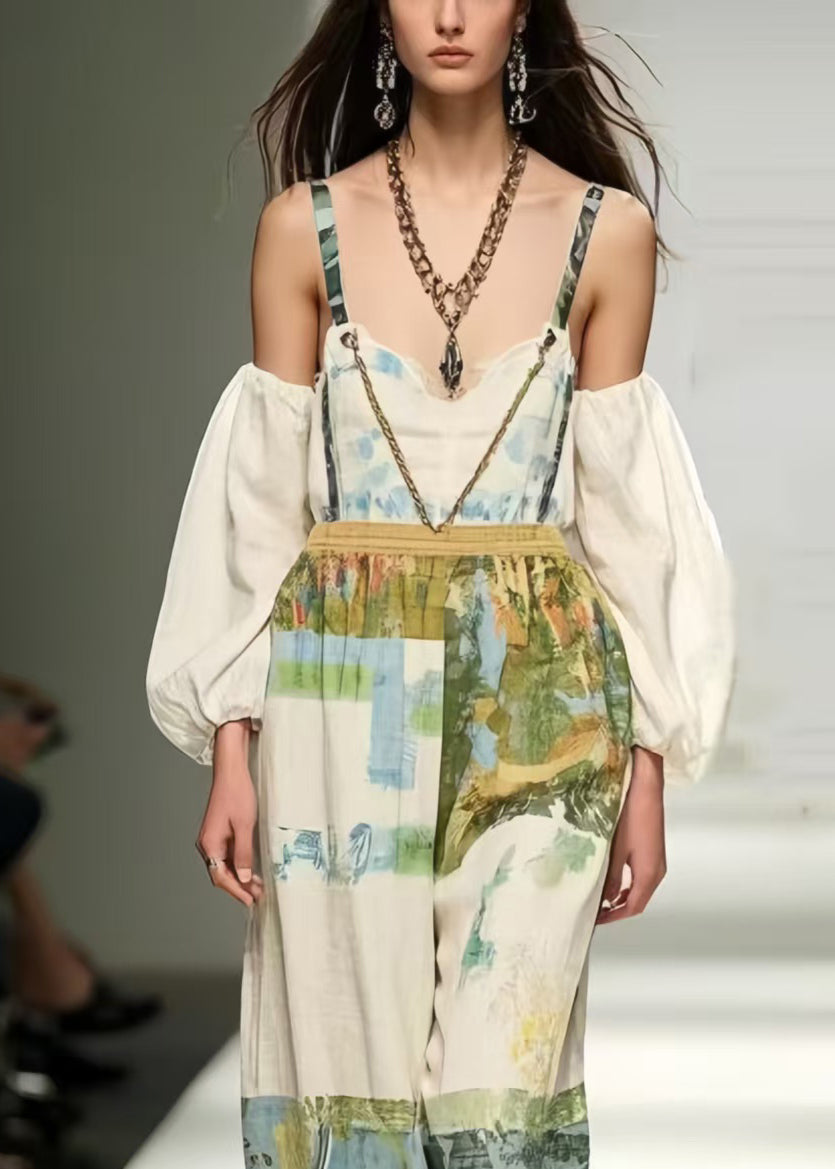 Modern White Backless Print Cotton Overalls Jumpsuit Summer